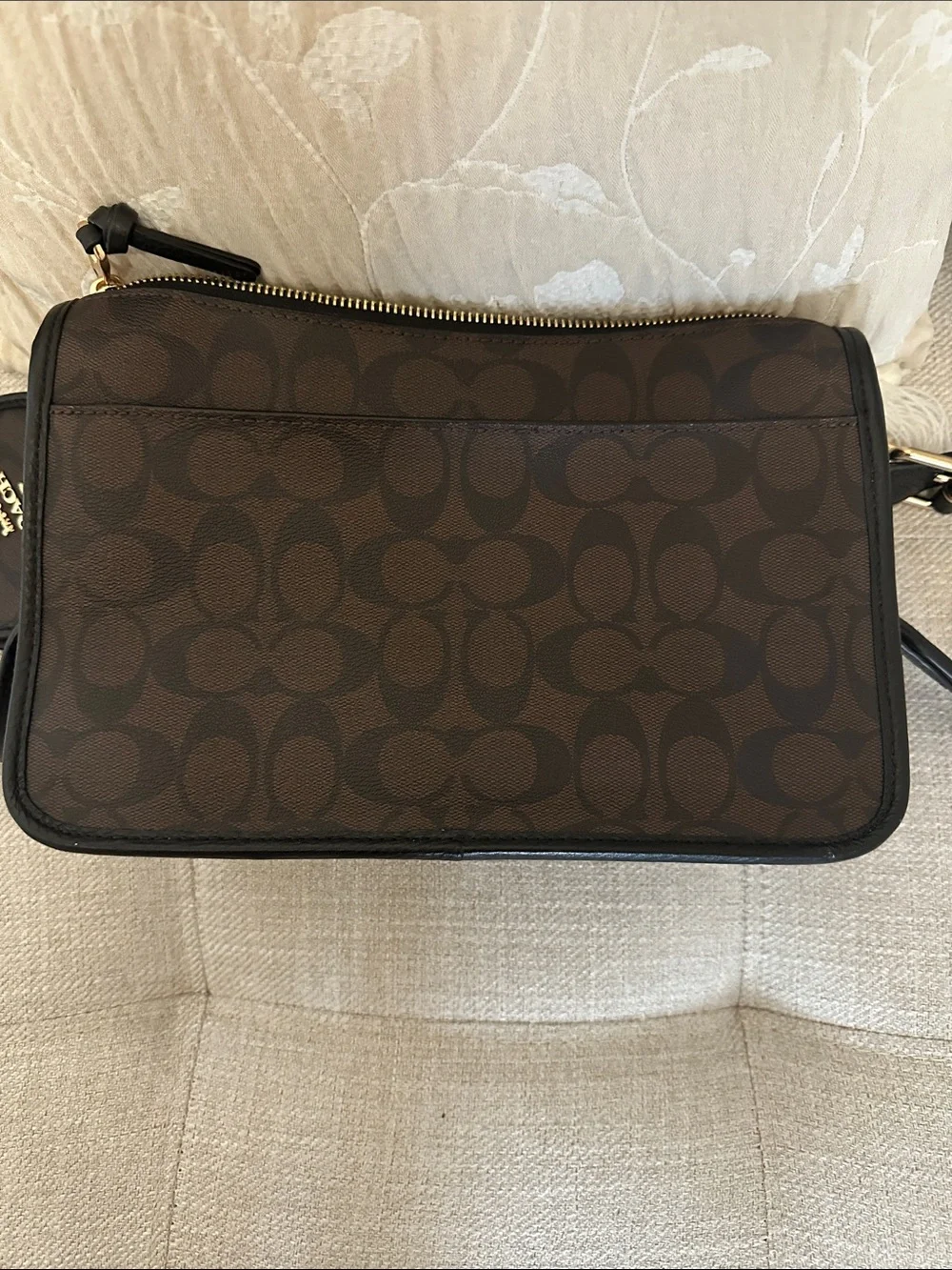 Coach Brown Signature Canvas Crossbody with Black Leather Pockets and Coin Pouch